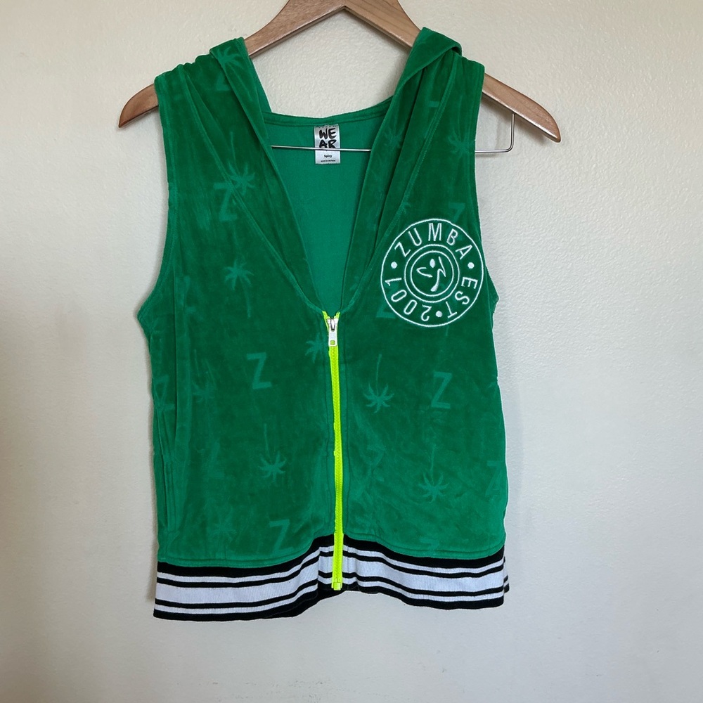 Y2K Zumba velour green Sleeveless Hoodie Yellow Zipper workout sporty